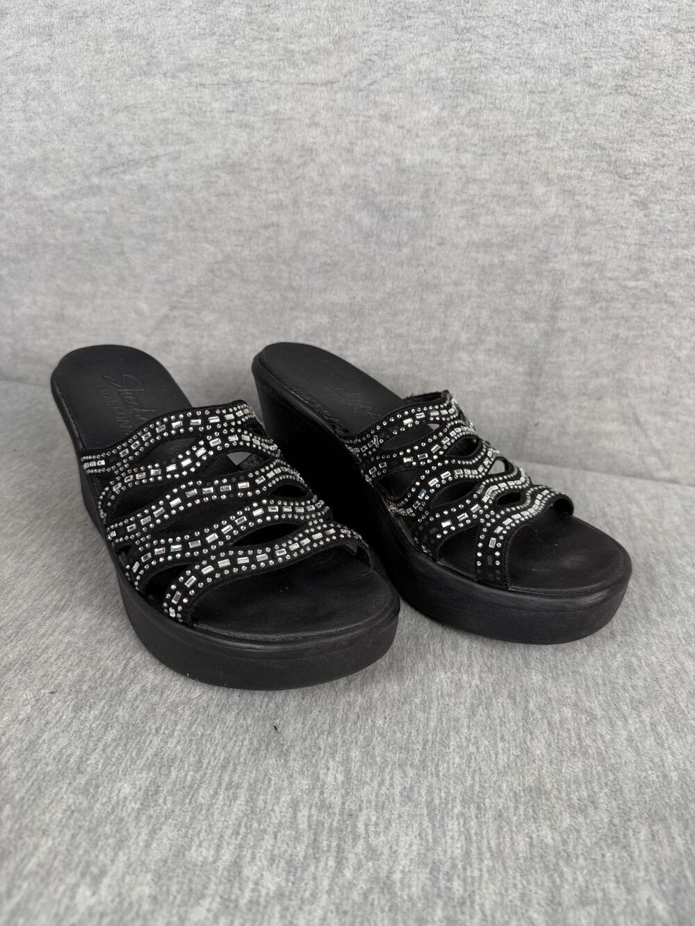 Skechers Women's 11 Rumble Up Funny Business Wedge Sandals Black Rhinestones
